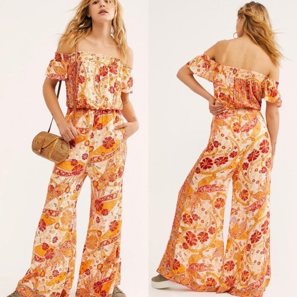Free People Bohemian Wide Leg Orange Yellow Floral Jumpsuit Carmen Smock XS Boho - Picture 1 of 15